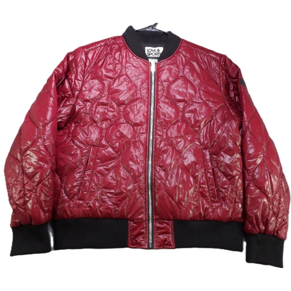 Love & Sports Quilted Bomber Jacket Red Full Zip Polyester Women Large Outerwear